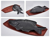 Heat Resistant Iron Fish Serving Plate with Wood Base Multi Color for Kitchen and Restaurant V1366-AZ2-W-21979