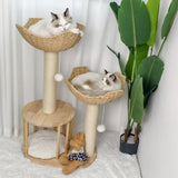 Large Cat Scratching Post Tree Tower with Baskets and Cubby Cave in Natural Wood & White, 60x40x99cm V178-59360