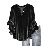Women's Velvet Flare Sleeve Top, V Neck Button Detail Three Quarter Sleeve Blouse, Luxe Pullover for V1192-AZ-W-24017