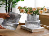 Transparent Modern Two-Tier Ribbed Glass Vase - Elegant Cylindrical Flower Centrepiece for Home V888-ELOSUNG32844