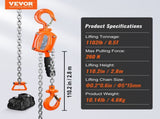 Manual Lever Chain Hoist, 1/2 Ton 1100 lbs Capacity 10 FT Come Along, G80 Galvanized Carbon Steel V952-MNSBHL12T10FTJ83GV0