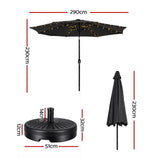 Instahut Outdoor Umbrella 2.9m Market Umbrella with Base String Light Black XFEL-UMB-FLAP-51-BK