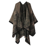 Soft Faux Cashmere Knit Poncho Shawl For Daily Styling, Realistic Landscape Pattern, Black Brown V1221-XM-LB2120-ZS57