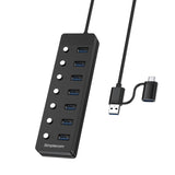 Simplecom CH375C USB-A and USB-C to 7-Port USB 3.0 Hub 5Gbps Individual Switches and Power Adapter V28-SIMCH375C