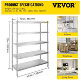 VEVOR Stainless Steel Shelves 47.5x18 Inch 5 Tier Adjustable Shelf Storage Unit Stainless Steel Rack V952-BXGHJ5C48X18.5YC1V0