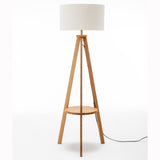 Natural Wooden Tripod Floor Lamp w/ Round Wood Shelf + Off White Linen Shade V563-75171