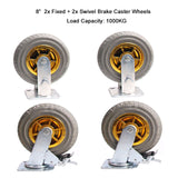 4x 8" Heavy Duty Industrial 2x Swivel Brake 2x fixed Caster Tyre Tyres Wheel Wheels Castor 1000KG V324-4XBCW004-8IN