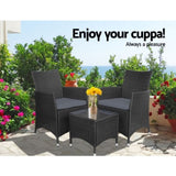 Gardeon 3PC Outdoor Bistro Set Patio Furniture Wicker Setting Chairs Table Cushion Black ODF-BISTRO-RATTAN-BK