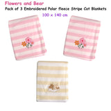 Living Home for Baby Girls Flowers and Bear Pack of 3 Embroidered Polar fleece Stripe Cot Blankets V442-STT-BLANKET-PACKOF3FLOWERSBABY-PINK-CT