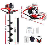 Giantz 65CC Post Hole Digger 200mm Petrol Drill Auger Extension Bits DI-ST-N-RDBK-AUG200