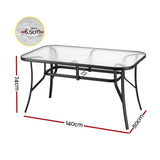 Gardeon 140CM Outdoor Dining Table Steel Frame Tempered Glass Parasol Hole Black ODF-DINTB-140