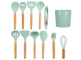 12Pcs/Set Cooking Utensil with Wooden Handle Silicone Cooking Tool for Home KitchenLight Green V1294-YM0710-3118210234512