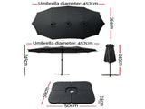 Instahut 4.57m Outdoor Umbrella w/Base Stand Beach Pole Garden Tilt Black UMB-POLE-4-BASE-50N-BK