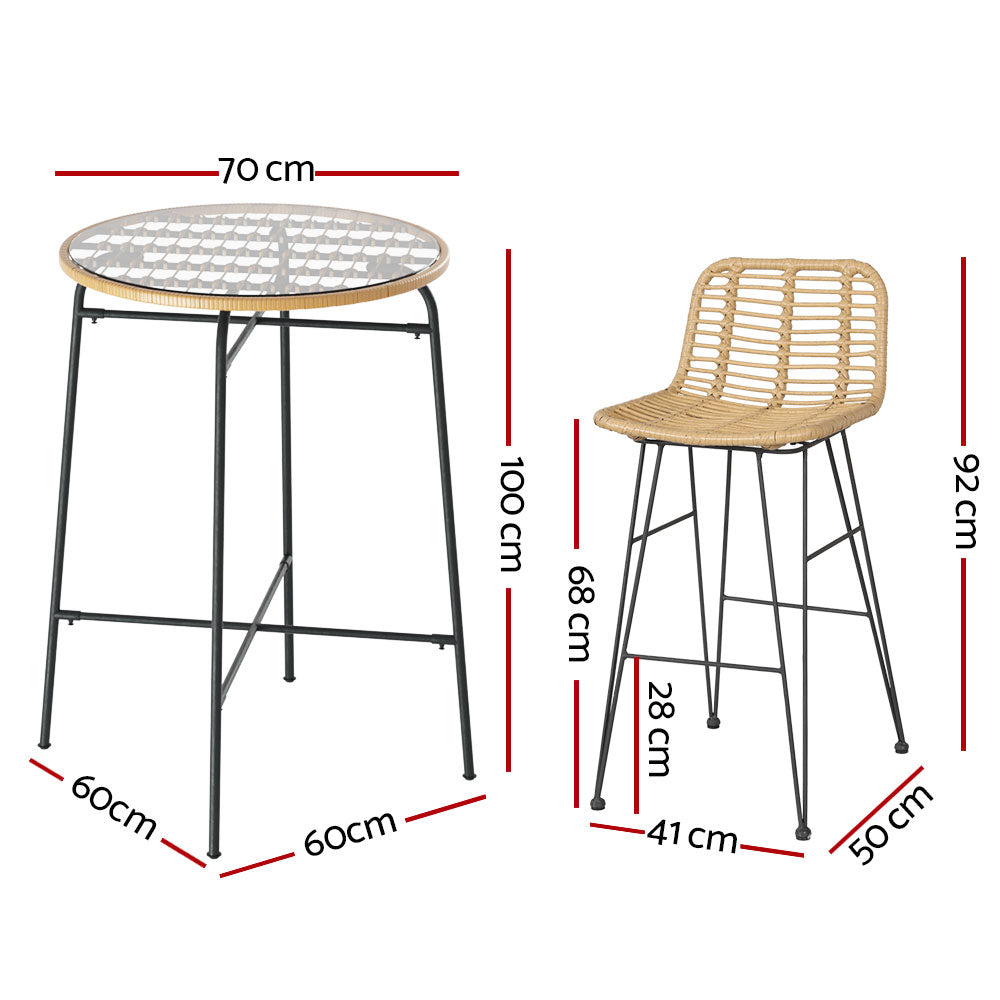 Gardeon 3-Piece Outdoor Bar Set Wicker Table Chairs Patio Bistro ODF-BA ...