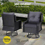 Gardeon 3PC Outdoor Furniture Bistro Set Lounge Wicker Swivel Chairs Table Cushion Black ODF-RAN-ROAT-3PCS-BK-AB