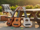 Acacia wood 17-inch Playable Ukulele Mini Guitar, lightweight and portable. Features comfortable V1106-XJT002