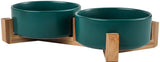 Ceramic Raised Pet Bowls for Dogs and Cats, Spill-Proof Double Food and Water Bowl with Bamboo V1237-ZY-924-354
