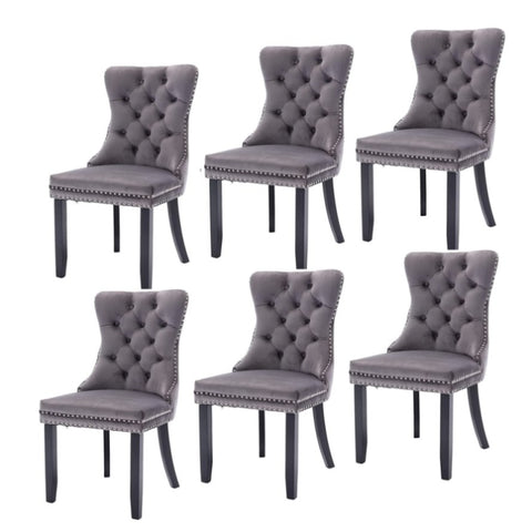 6x Velvet Dining Chairs Upholstered Tufted Kithcen Chair with Solid Wood Legs Stud Trim and V226-SW1901GY-3