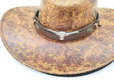 Retro Western Cowboy Hat Khaki Distressed Crackle Finish Bull Head Emblem Wide Brim Sun Protection V888-ELOSUNG44211