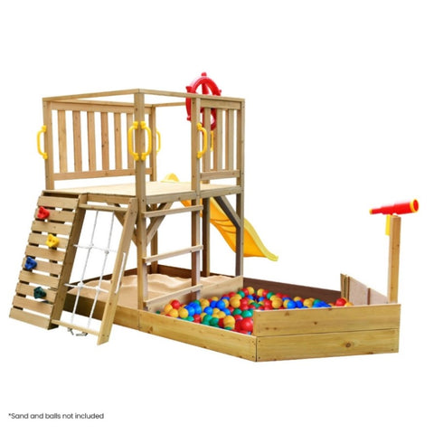 Rovo Kids Boat-Shaped Wooden Sand Pit Tower with Slide and Climbing Wall V219-PLYSDPRVC1NA