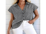 Womens Short Sleeve Shirts Plaid Button Down Blouse Casual Summer Business Gingham Work Tops Light V1366-AZ2-W-14408