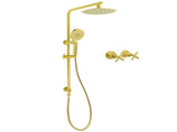 Brushed Gold Twin Shower Set 8" Round Head 3 Modes Handheld Sliding Rail Arm Classic Mixer V1233-S4902ABGHR002M4CGKSR108GKCR201BG