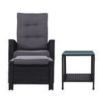 Gardeon 3PC Recliner Chairs Table Sun lounge Wicker Outdoor Furniture Adjustable Black ODF-RECLINER-CHOTTB-3BK