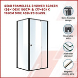 Semi Frameless Shower Screen x 195cm Side AS/NZS Glass V63-824521