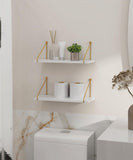 2-Piece White Floating Wall Shelf Set with Gold Metal Rails for Kitchen, Bedroom and Living Room V1188-MS-731-133