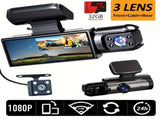 Super Memory Triple Cam Dash Cam! 32GB storage 1080P HD triple lens, 170&deg panoramic coverage of V1106-XCJLY1080P001