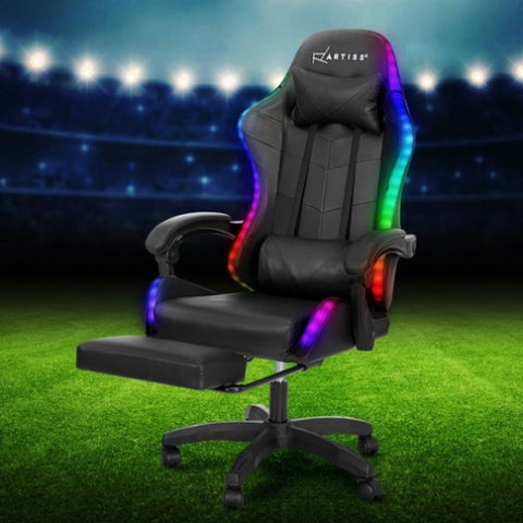 Artiss 6 Point Massage Gaming Office Chair 7 LED Footrest Black MOC-GC-6P-LED-BK