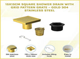 15x15cm Square Shower Drain with Grid Pattern Grate Brushed Gold 304SS, CUPC Certified with Hair V63-955611