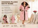 Women's Pink Coral Fleece Hooded Bathrobe with Leopard Print Trim - Soft Plush Wrap Robe with V888-ELOSUNG54472