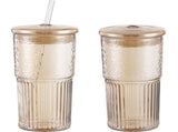 2PCS Ribbed Glass Tumblers, 22oz Amber Drinking Cups with Straws and Lids, Borosilicate Glassware V1369-AZ3-W-08851