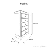 Tallboy with 5 Storage Drawers in Solid Wooden Metal Handles White Colour V43-TBY-SPNC-WH