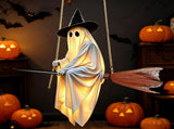 Halloween Flying Ghost on Broomstick Lighted Hanging Decoration Cute Glowing Ghost Ornament with V1366-AZ2-W-13188