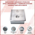 820x457mm Handmade Stainless Steel Undermount / Topmount Kitchen Laundry Sink with Waste V63-772955