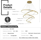 BAMDECOR A18801 Modern LED Chandelier, Dimmable Pendant Light with Remote Control Rings Round V255-BAM-18801/5-GOLD