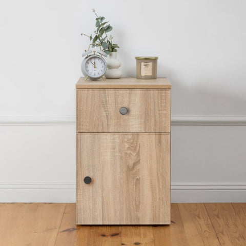 PORTO BEDSIDE TABLE - NATURAL OAK - SLIM - ROUND BLACK V164-ECS13STB06B