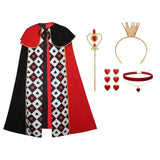 Alice Queen of Hearts 4-Piece Set, Red-Black Cape Silver Scepter, Gold Crown, Playing Card V1232-HHZPTZ-001