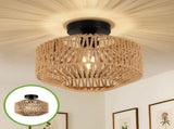 Boho Ceiling Light, Vintage Rattan Semi Flush Mount Ceiling Light Fixture, Hand Woven Chandelier for V1369-AZ3-W-10007