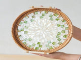 Round Rattan Wicker Woven Tray Basket with Shell Wooden Base and Handle for Fruit Bread Serving, V1370-AZ4-11237