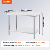 Stainless Steel Prep Table, 30 x 48 x 34 Inch, Heavy Duty Metal Worktable with 3 Adjustable Height V952-CFBXGGZTLCWJMJYVIV0