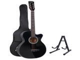 Alpha 38 Inch Acoustic Guitar Wooden Body Steel String Full Size w/ Stand Black GUITAR-D-38-BK-CAPO