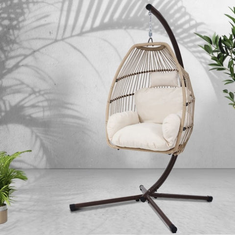 Gardeon Outdoor Egg Swing Chair Hanging Chair Wicker Rope Pod Stand Cushion Latte HM-EGG-ROPE-S-LACR