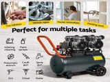 Giantz 50L Air Compressor Quiet 3.0HP Oil-Free Portable Tyre Inflator 200L/Min AC-50L-N-XL-GY