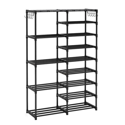 SOGA 16-Shelf Tier Shoe Storage Shelf Space-Saving Caddy Rack Organiser with Side Hooks Black RACK0003