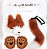 Black-White Furry Animal Cosplay Half Suit Set - Fox Mask with Detachable Fangs, Faux Fur Paws and V888-ELOSUNG56261-1