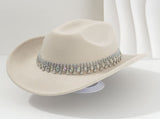 Rhinestone Cowboy Hat - Beige Western Hat with Iridescent Gemstone Fringe Band, Wide Curved Brim for V888-ELOSUNG57116-2
