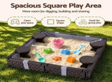 Keezi Kids Sandpit Sandbox With Cover 4 Seats Outdoor Sand Box Brown SAND-PE-SQUARE-BR